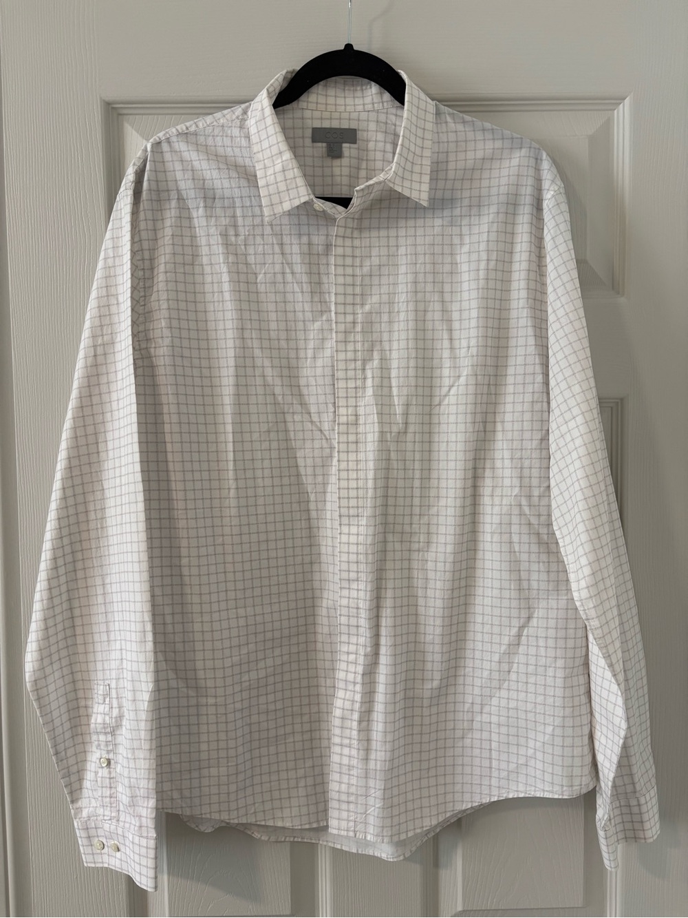 COS Shirt Mens White Stripe Checker Long Sleeve Button Up Cotton Size US 17 L XL